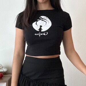 LAIKA Coraline Movie Graphic Baby Tee Black Cropped Short Sleeve Shirt XS